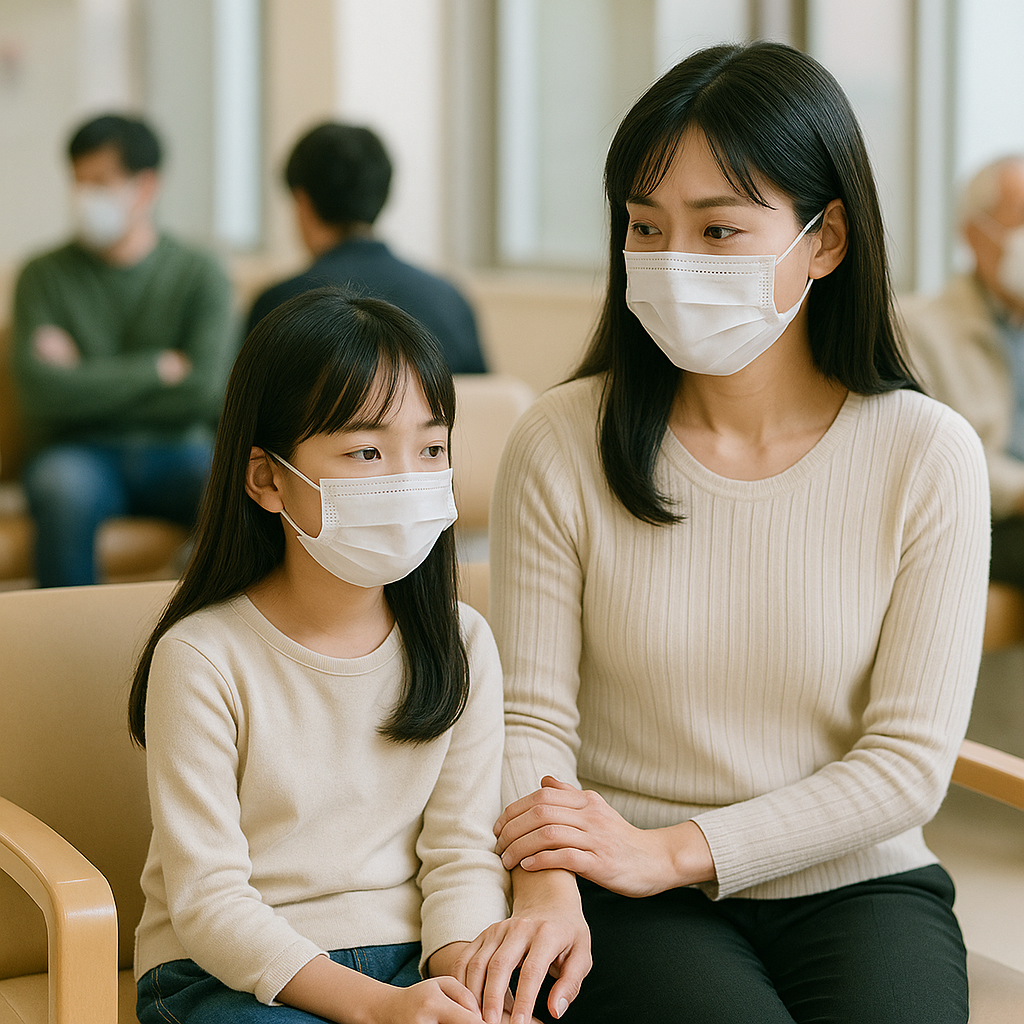 布団に入る子どもと見守る母親